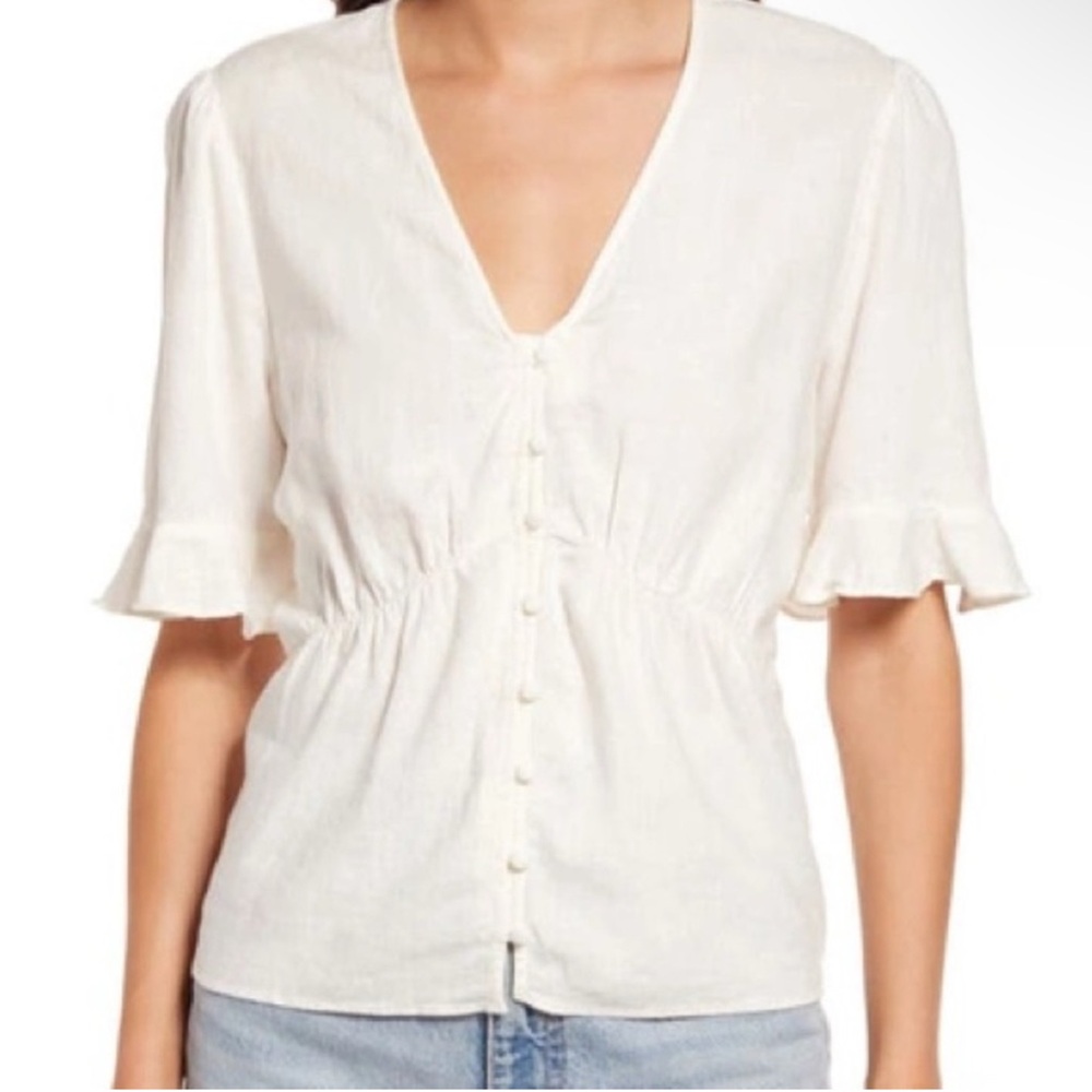 Madewell JOURNAL LINEN BLEND KEYHOLE SLEEVE TOP IN LIGHTHOUSE